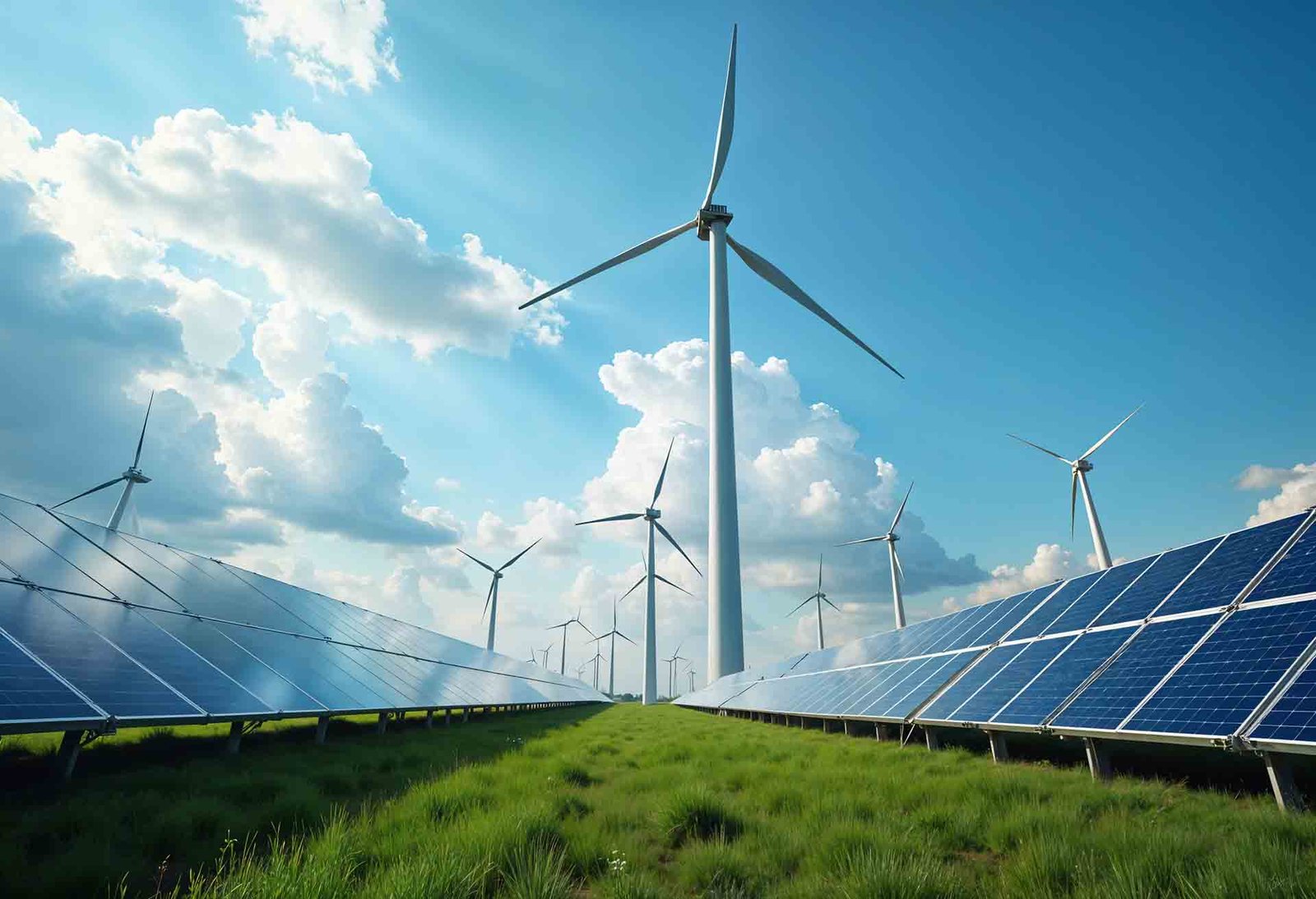Aerogeneradores y placas solares en un campo verde