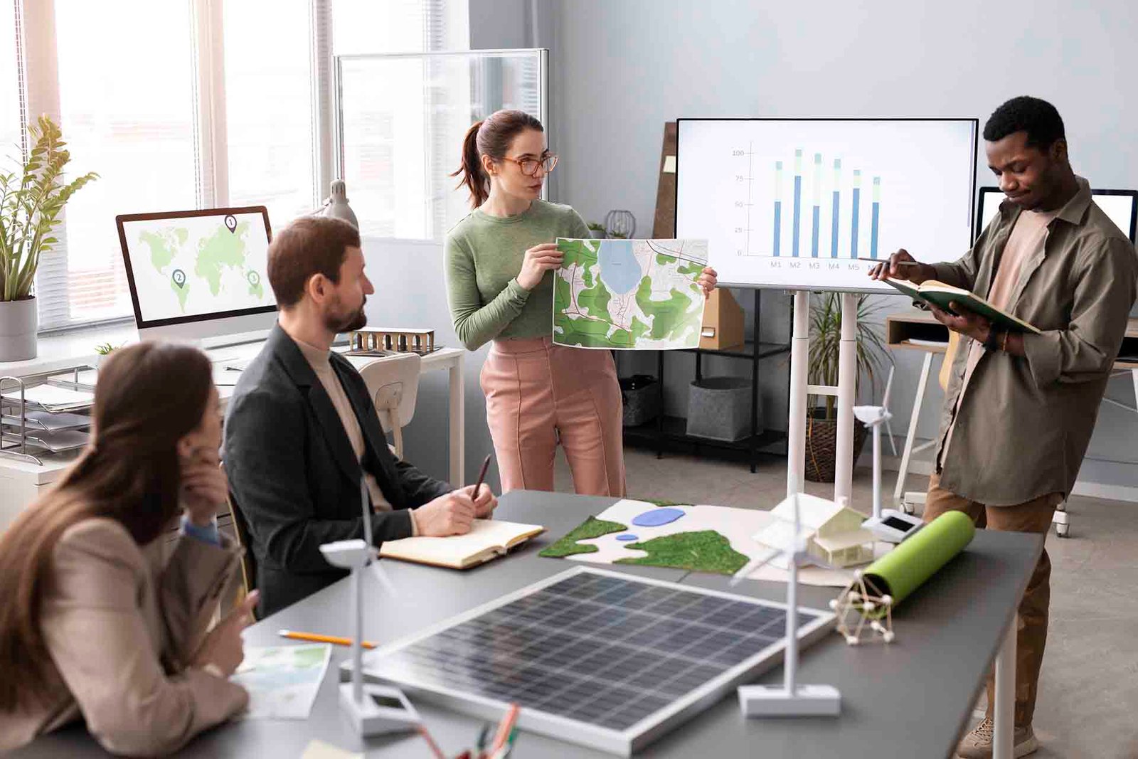 Equipo técnico analizando soluciones de energía renovable